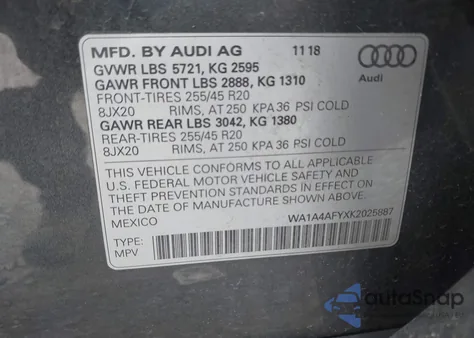 2019 Audi Sq5 3.0T Premium из США, поврежденный, VIN WA1A4AFYXK2025887